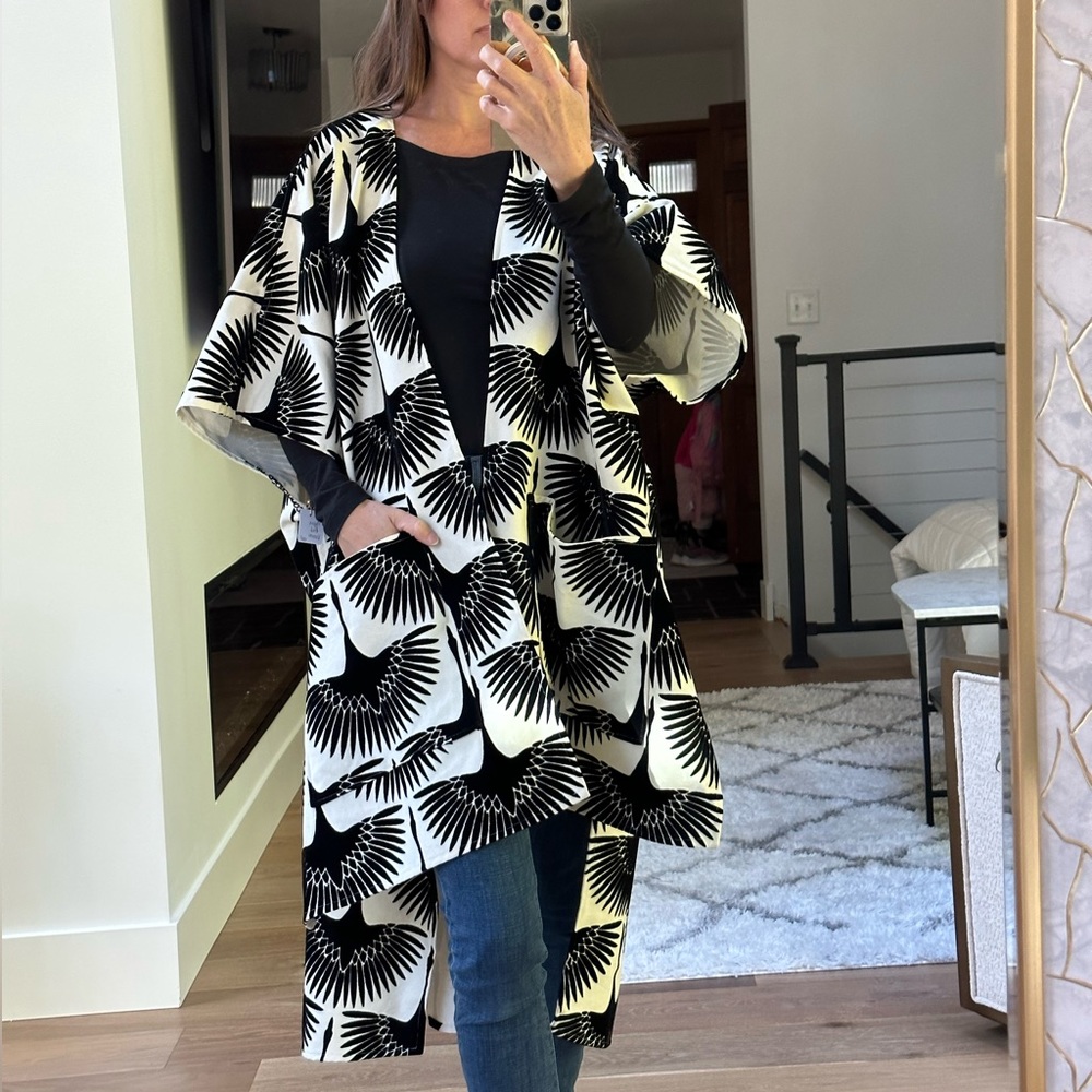 Custom one of a kind flying bird kimono style topper coat, jacket